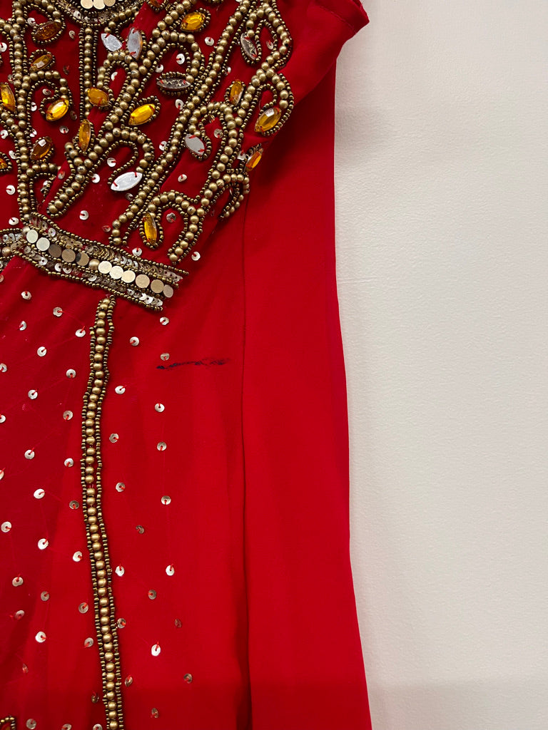 Unknown – Red Top with Gold Beading estimated size 8