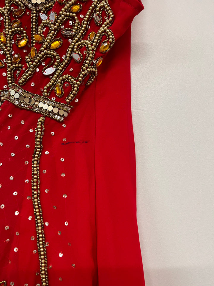 Unknown – Red Top with Gold Beading estimated size 8