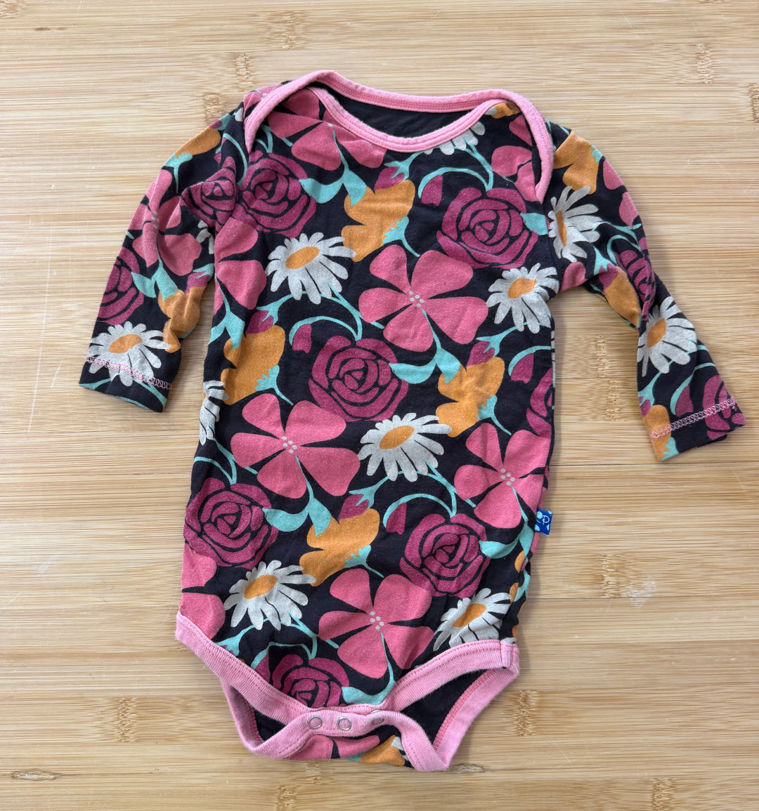 Kickee Pants Long Sleeve Bodysuit – 6-12 Months | Black | Large Floral Print | Bamboo Rayon