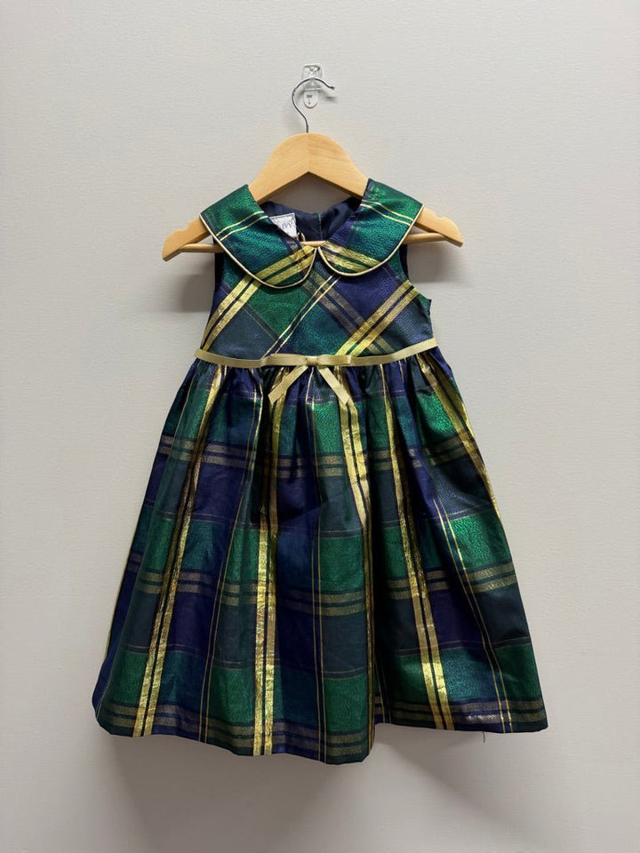 Iris & Ivy Special Occasion Dress – 5 | Gold Green Navy Plaid Bow Collar | Play - Nest and Sprout-Consignment