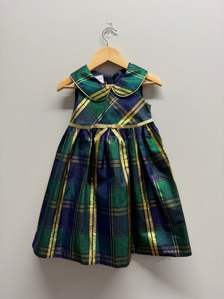 Iris & Ivy Special Occasion Dress – 5 | Gold Green Navy Plaid Bow Collar | Play - Nest and Sprout-Consignment