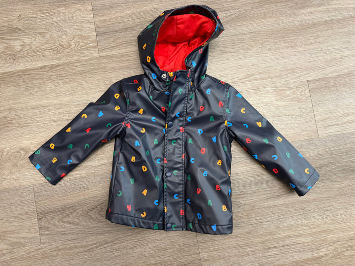 Joe Fresh Hooded Rain Jacket – 18–24M | Black Alphabet Print Red Lining | Play