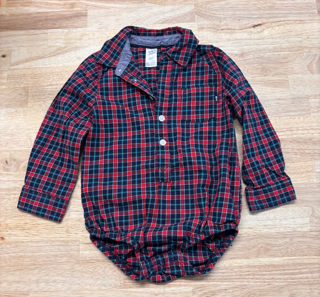 Baby B'gosh Oshkosh 24 Month Red & Green Striped Button-Up Onesie