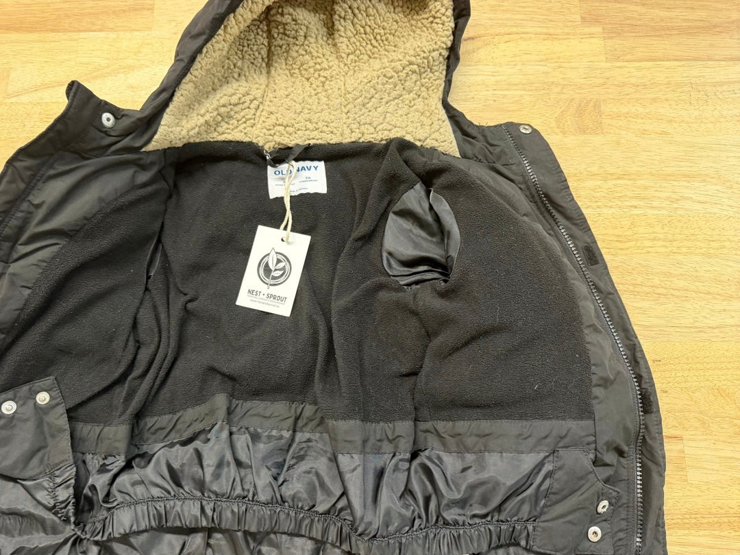 Old Navy Puffer Jacket – 3T | Black | Snow Skirt | Felted Fleece Hood - Nest and Sprout-Consignment