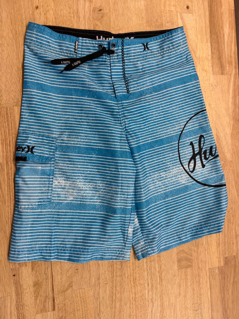 Hurley Swim Trunks – 14 | Blue Stripe Elastic Tie Waist No Mesh - Nest and Sprout-Consignment