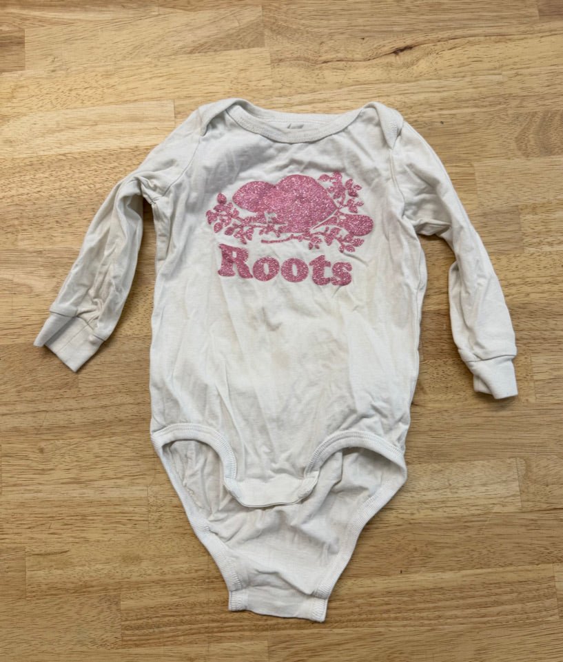 Roots Bodysuit – 12–18M | White Long Sleeve Pink Sparkle Logo - Nest and Sprout - Consignment