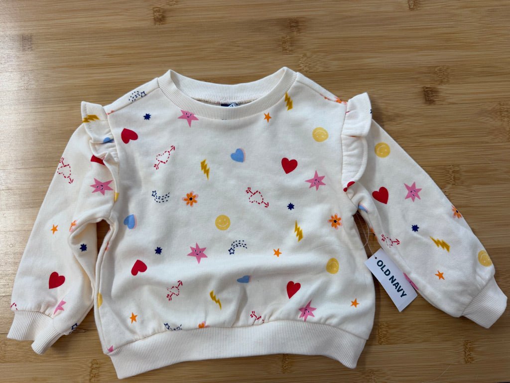 Old Navy Emoticon Allover Sweater – 12–18M | Cream Ruffle Cap | NWT - Nest and Sprout-Consignment
