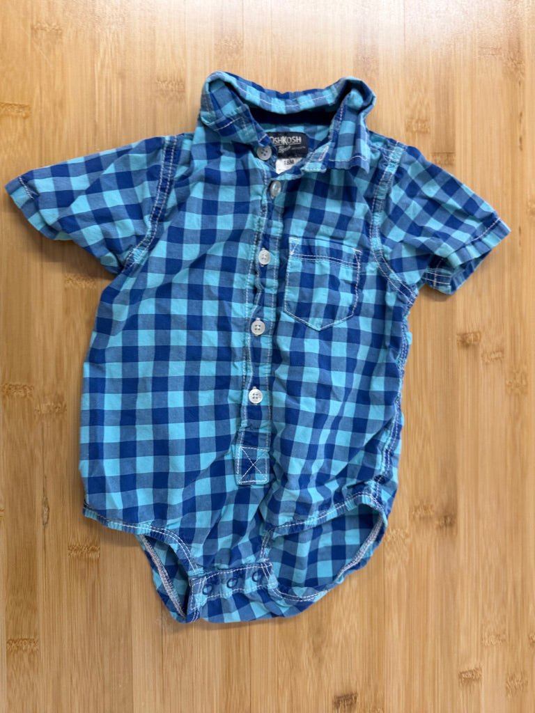 OshKosh Button-Up Bodysuit – 18M | Blue Two-Tone Plaid Short Sleeve - Nest and Sprout-Consignment