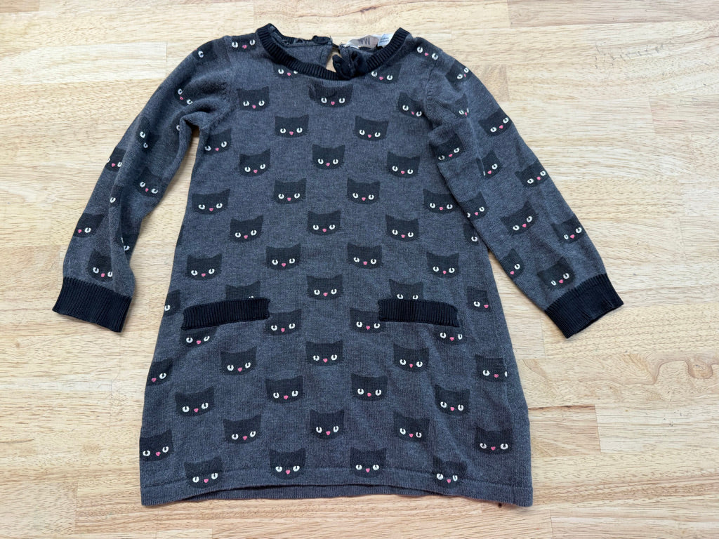 H&M Cat Print Knit Sweater Dress – 4–6Y | Long Sleeve Bow