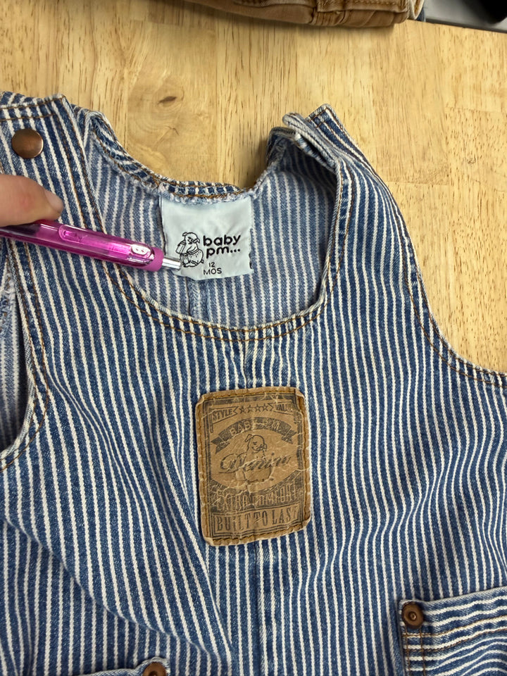 Please Mum Vintage Overalls – 12 Months | Blue Denim Stripe with Snap Suspenders