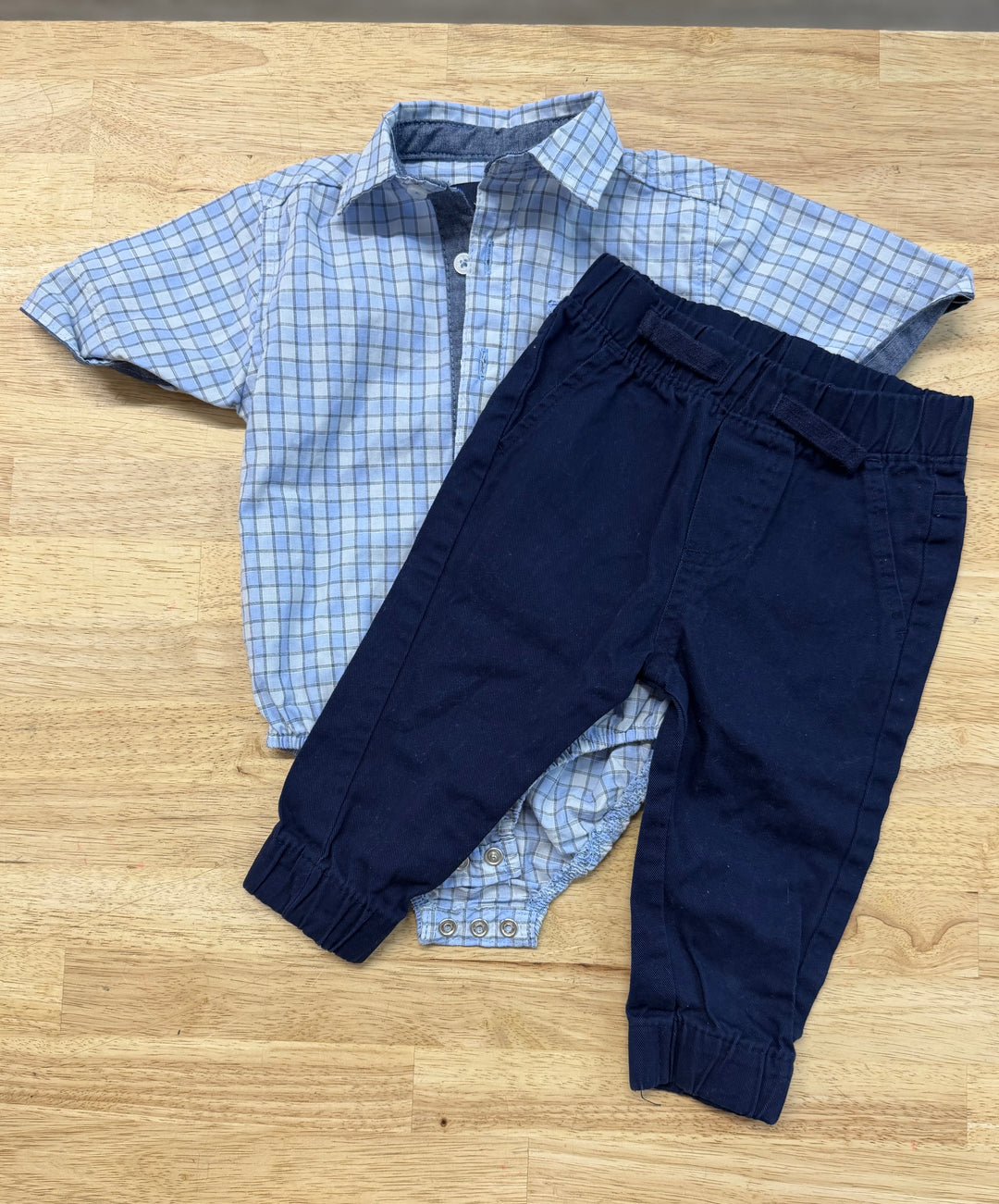 Ben Sherman Set – 6–9M | Plaid Bodysuit & Navy Chinos