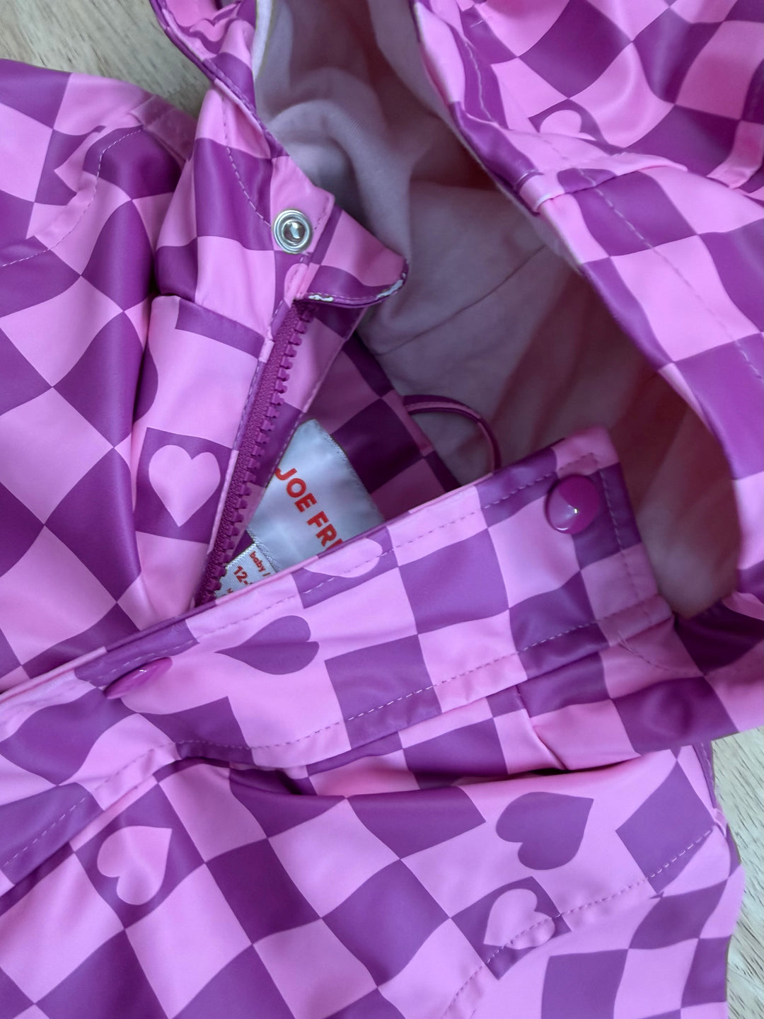 Joe Fresh Fleece Lined Rain Jacket – 12-18 Months | Pink and Burgundy Plaid | Hearts