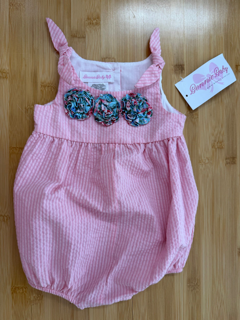 Bonnie Baby Short Romper – 6–9M | Pink Stripe Tie Straps Rosettes Bubble | NWT