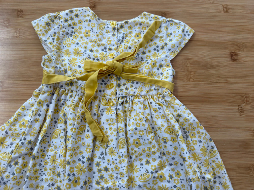 Max Girls Floral Dress – 18–24M | Yellow Lemon Print Yellow Belt Button-Back