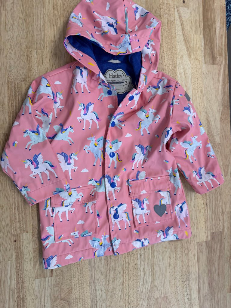 Hatley Rain Jacket – 3 | Pink Pegasus Terry Cloth Blue Lining - Nest and Sprout-Consignment