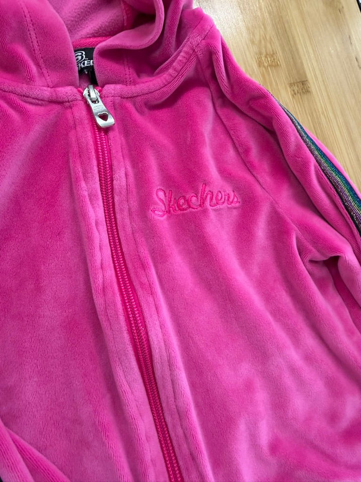 Skechers Velour Zip-Up Hoodie – 6 | Rainbow Stripe Sleeves - Nest and Sprout-Consignment