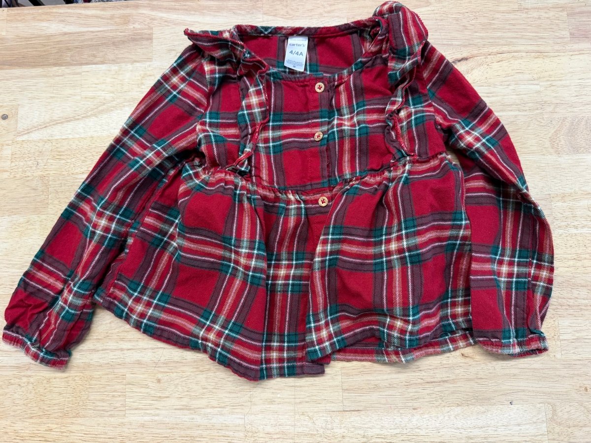 Carter's Christmas Plaid Button Up Shirt – 4T | Girls Fit | Ruffles - Nest and Sprout-Consignment