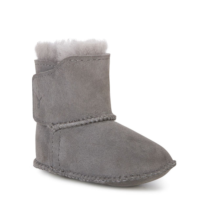 Side Angle View Charcoal Baby Bootie | Water Resistant Wool