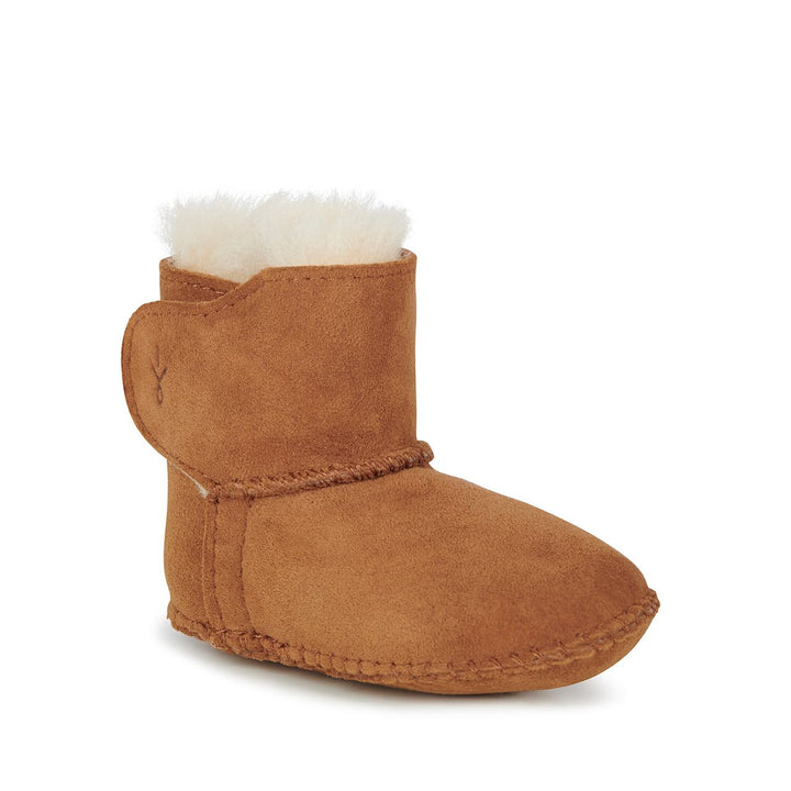 Side Angle view of  EMU Australia’s double face sheepskin Baby Booties with velcro enclosure 