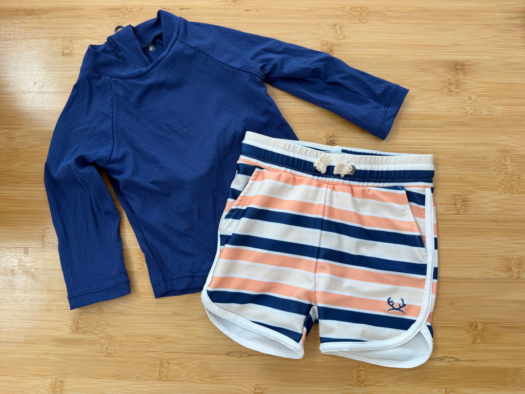 Little Buck Two-Piece Swim Set – 12–18M | Royal Blue Rash Guard & Blue/Orange Stripe Shorts