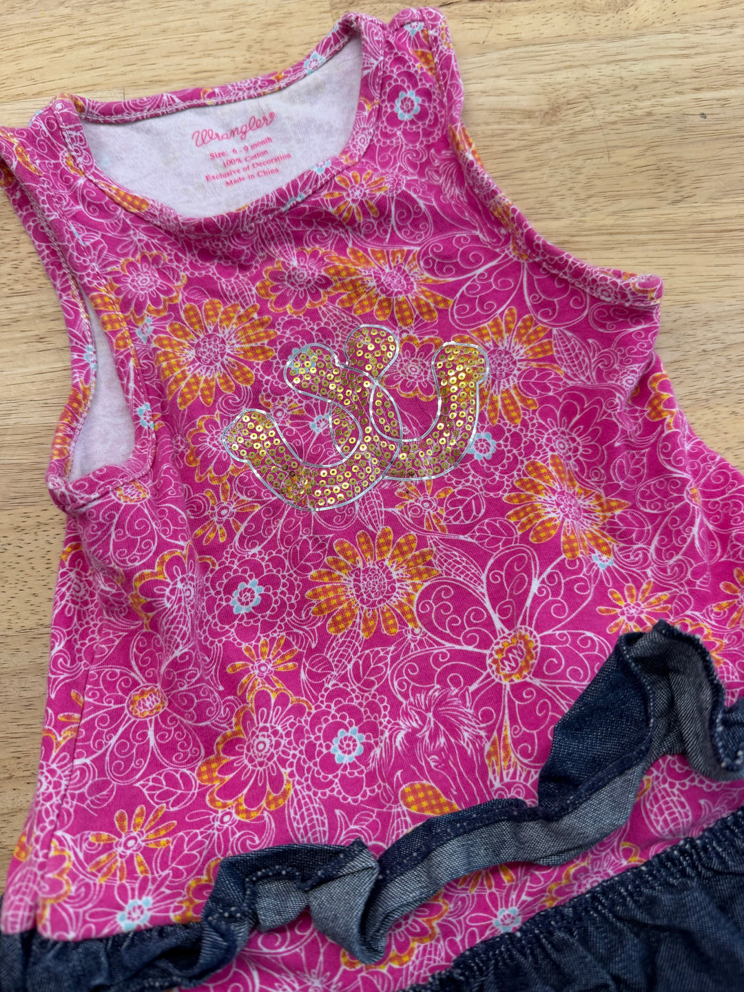 Wrangler Crossed Horses Floral Dress – 6–9M | Pink 100% Cotton Faux Denim Ruffle