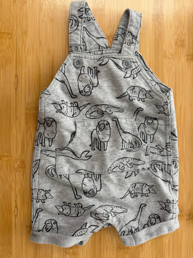 Carter's Terry Short Overalls – 9M | Light Grey Prehistoric Animal Print