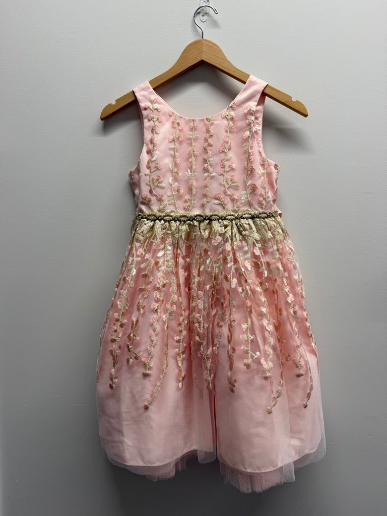 Couture Princess Special Occasion Dress – 10 | Pink Gold Embroidered Overlay Back Zipper Gold Belt