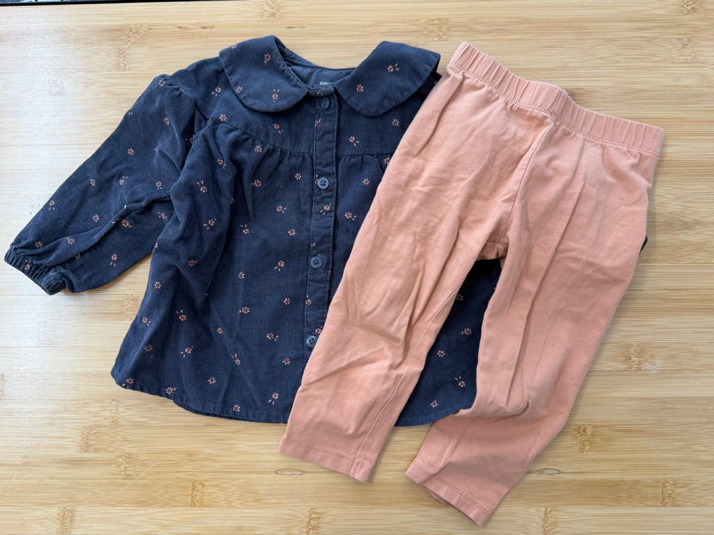 George Corduroy Dress & Leggings Set – 12–18M | Black Peach Floral - Nest and Sprout-Consignment