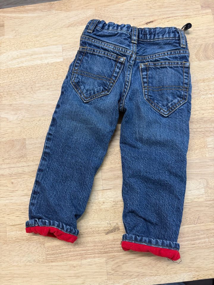 OshKosh Fleece-Lined Jeans – 18M | Medium Wash Red Fleece Adjustable