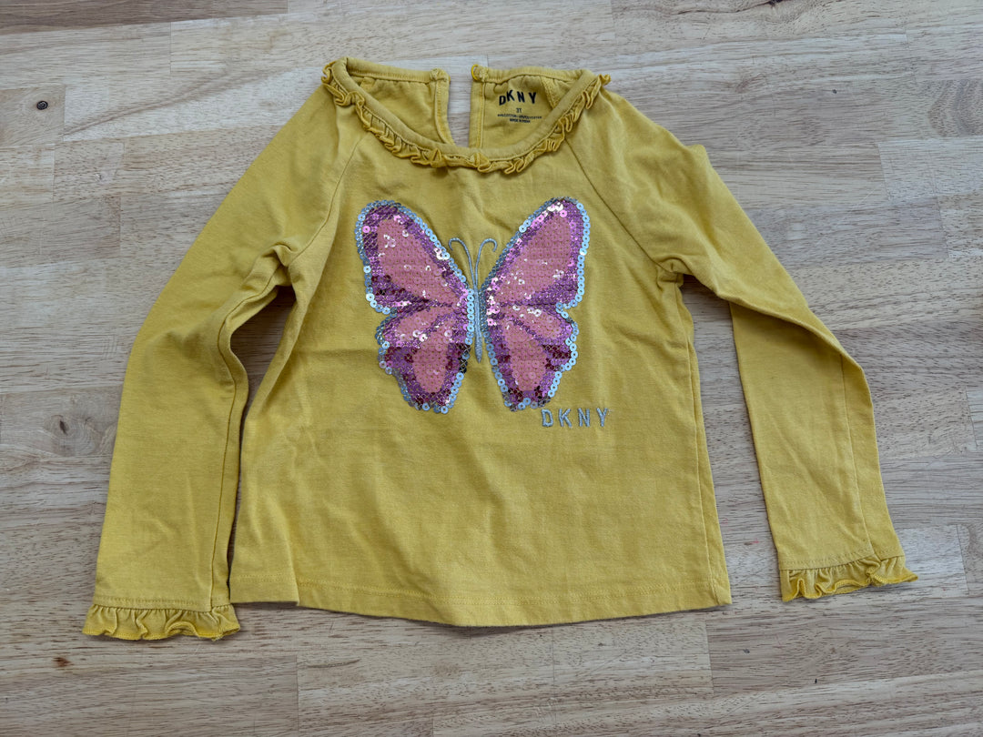 DKNY Long Sleeve Shirt – 3T | Yellow Sequin Butterfly