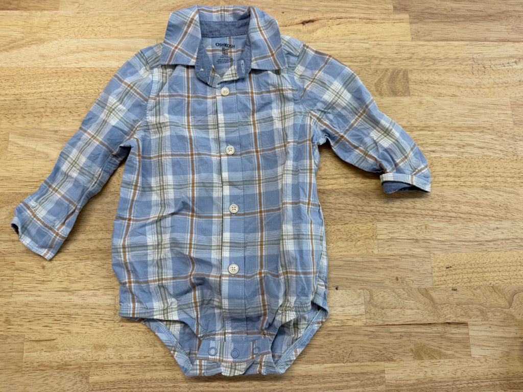 OshKosh Blue Plaid Button-Up Bodysuit – 18M | Lightweight