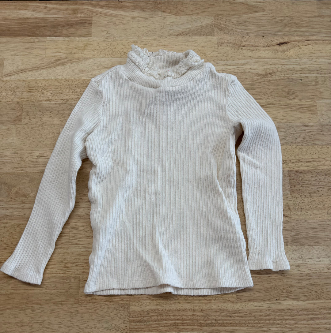 I Love J Mock Neck Ruffle Shirt – M (Est. 3Y) | Cream Ribbed
