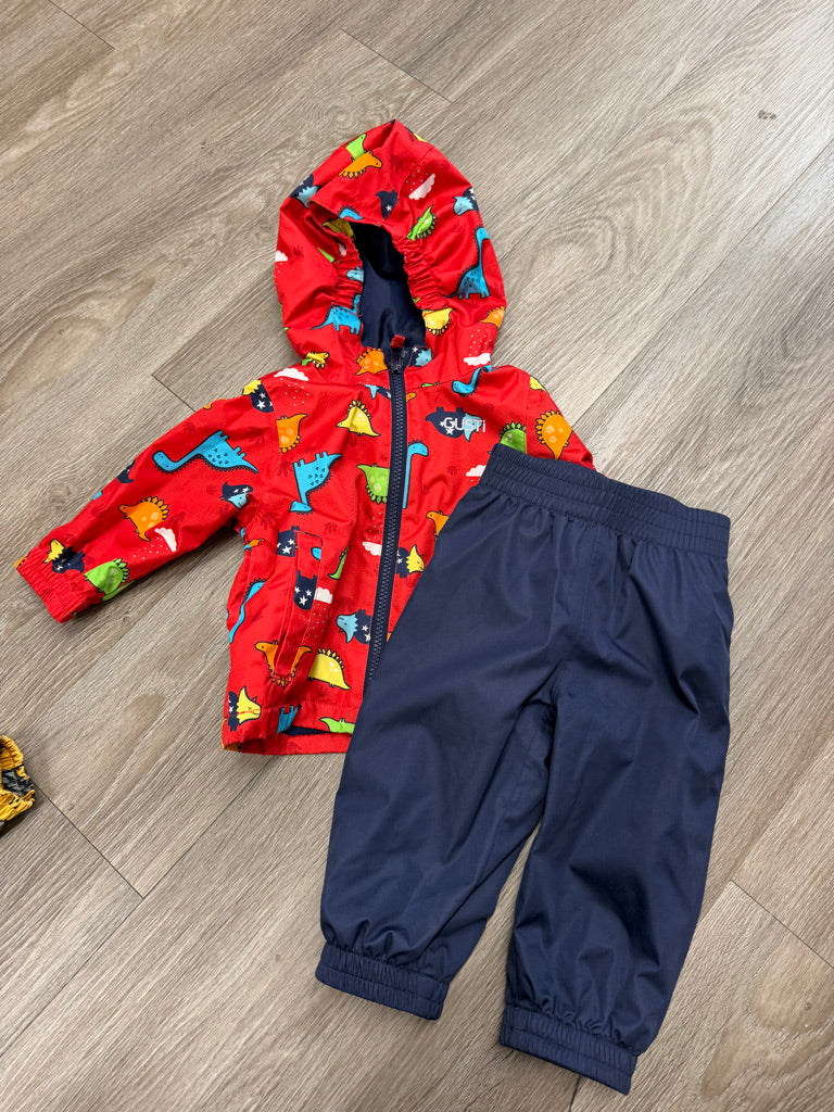Gusti Two-Piece Rain Suit – 12 Months | Red Dinosaur Print with Navy Rain Pants