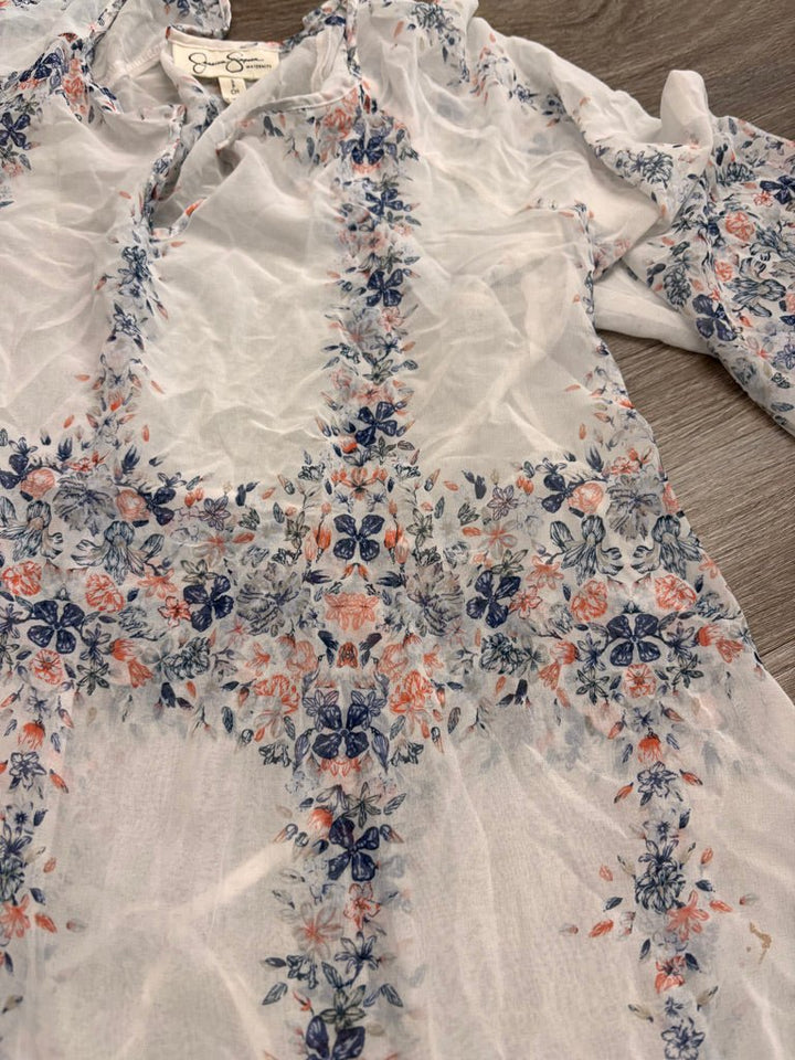 Jessica Simpson Maternity Overtop – Size S (Sheer White/Blue Floral) - Nest and Sprout - Consignment