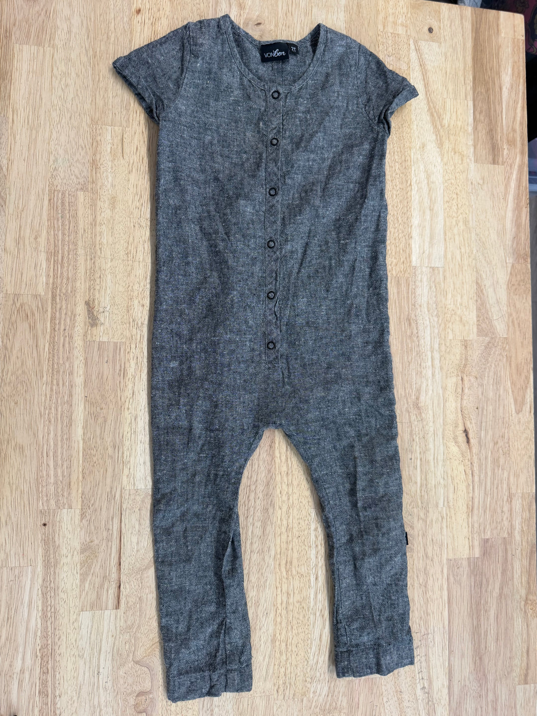 Vonbon Romper – 2T | Grey Short Sleeve Made in Canada