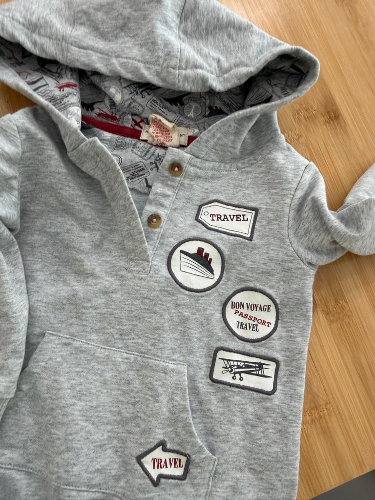 Rorie Whelan Hooded Romper – 12M | Grey with Patches - Nest and Sprout-Consignment