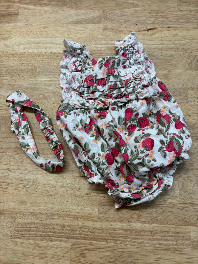 Cupcakes & Cashmere Strawberry Bubble Romper with Headband | Size 3-6M