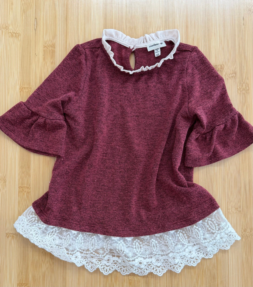 Monteau Girl Shirt – 6X | Burgundy Lacey Detail