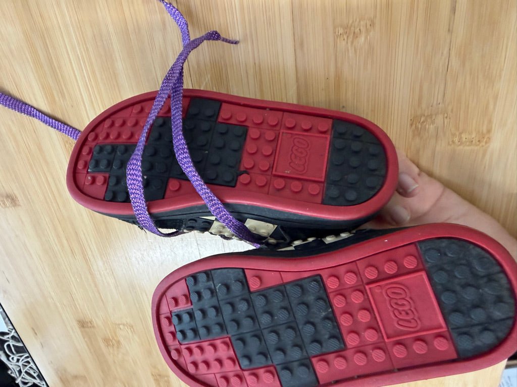 Lego Sneakers – 9 (EU 26) | Black Purple Metallic Checker Patch | Play - Nest and Sprout-Consignment