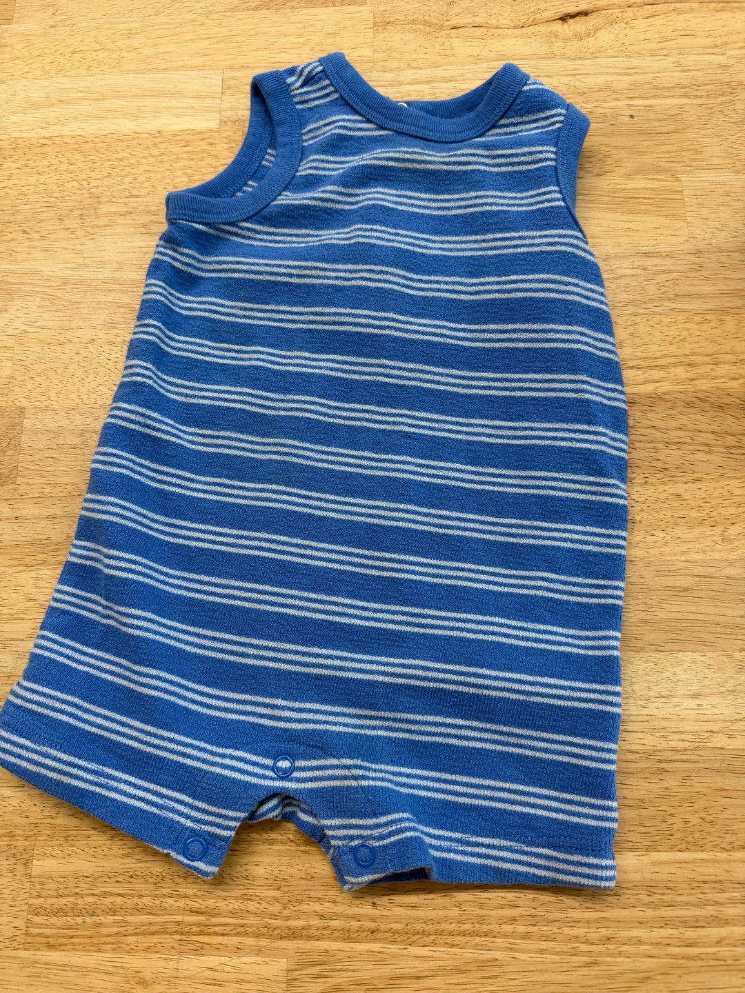 Joe Fresh Terry Short Romper – 6–12M | Blue Stripe Snap