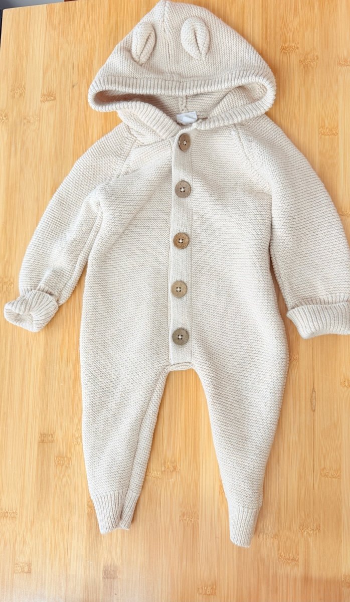 Jamie Kay Knit One Piece – 6-12 Months | Cream | Hooded | Button-Down Body and Legs - Nest and Sprout-Consignment