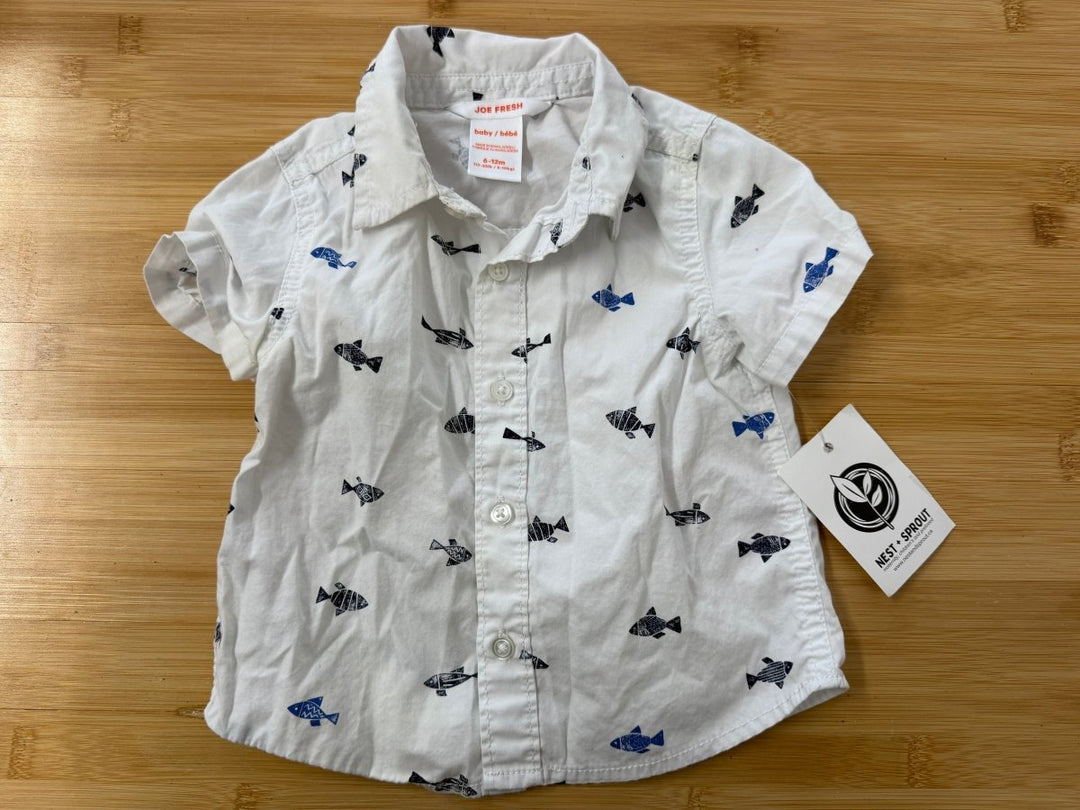 Joe Fresh Fish Stamp Button-Down Shirt – 6–12M | White Short Sleeve - Nest and Sprout-Consignment