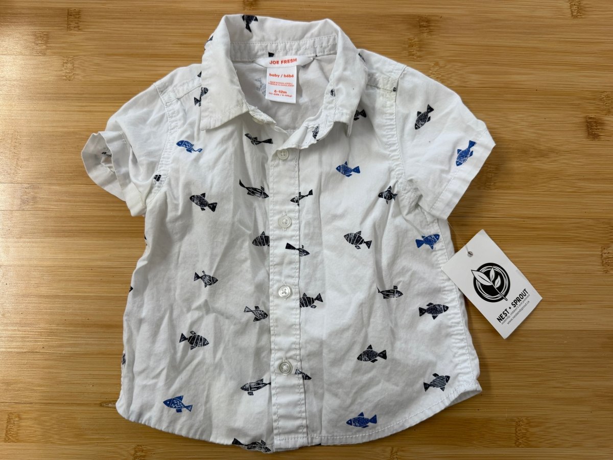 Joe Fresh Fish Stamp Button-Down Shirt – 6–12M | White Short Sleeve - Nest and Sprout-Consignment