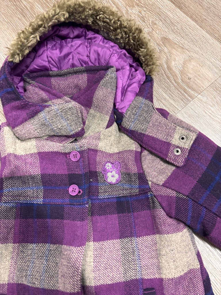 Mexx Wool Blend Jacket – Size 18–24 Months – Purple Plaid with Hood - Nest and Sprout-Consignment