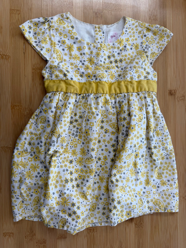 Max Girls Floral Dress – 18–24M | Yellow Lemon Print Yellow Belt Button-Back
