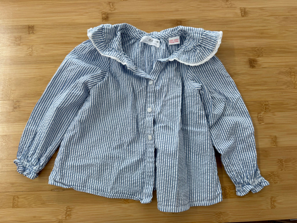 Zara Pinstripe Ruffle Neck Top – 18–24M | Blue Long Sleeve