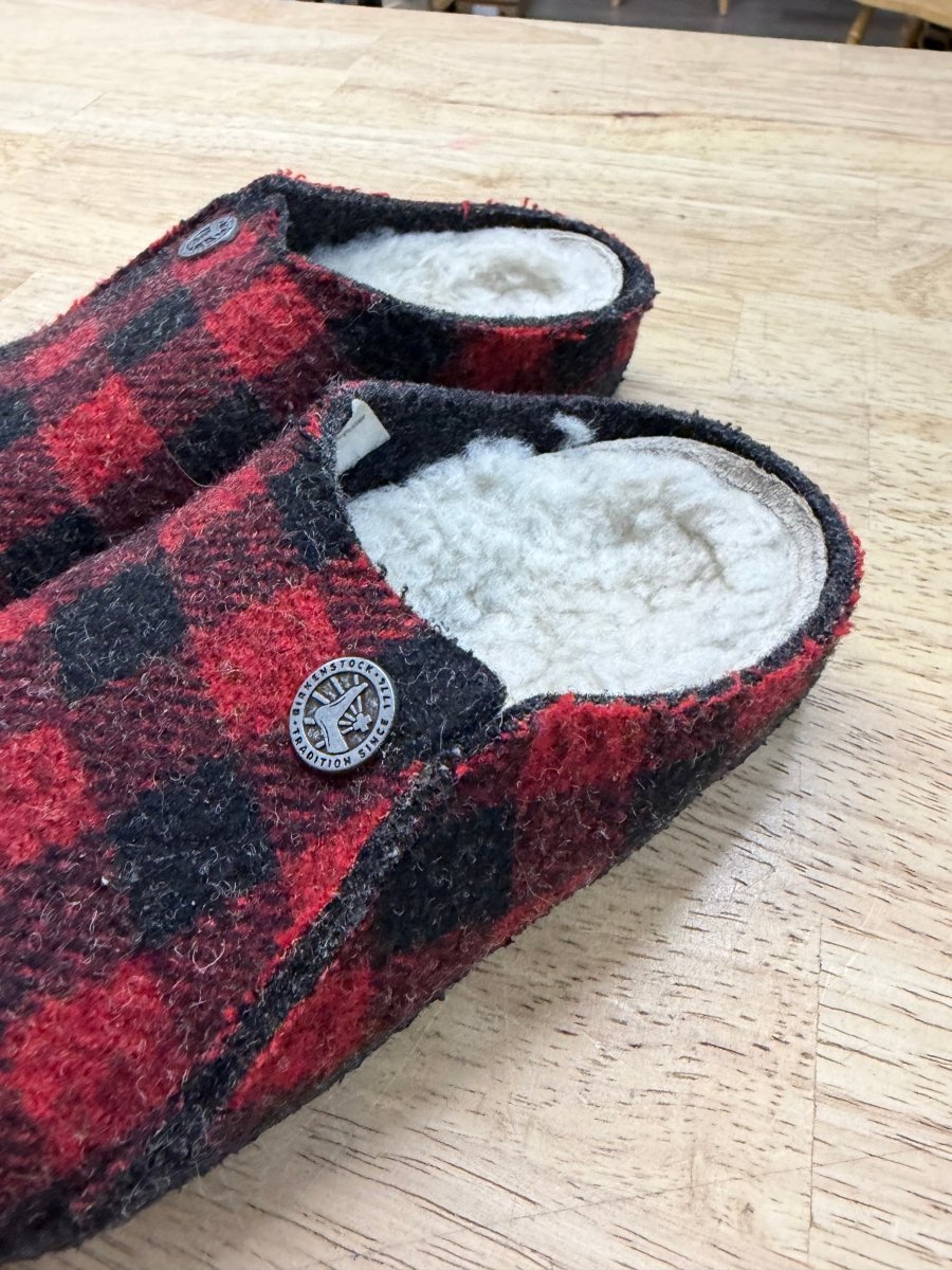 Birkenstock Wool Suede Slippers – EU 26 | Red and Black | Plush - Nest and Sprout-Consignment