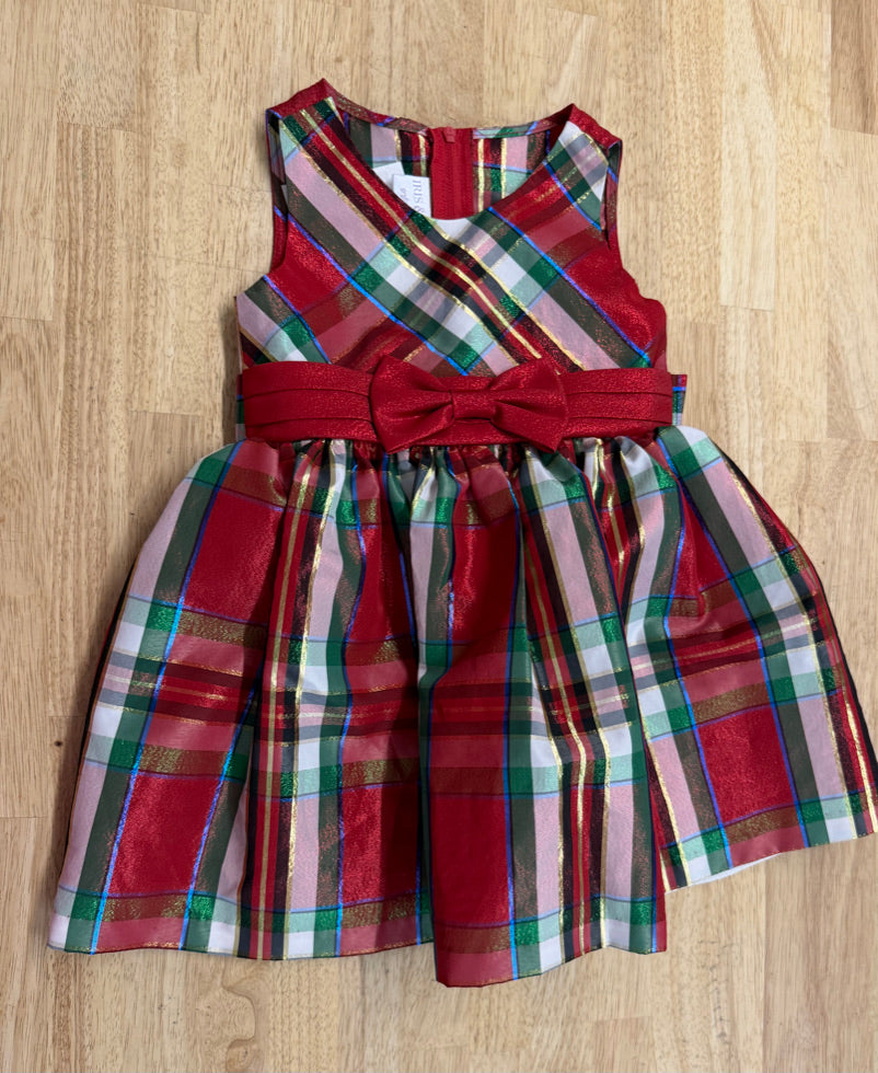 Iris & Ivy Special Occasion Dress – 3 | Red Green Gold Cream Plaid Shimmer Bow