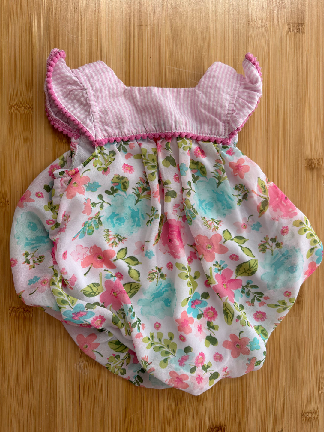 Baby Essentials Bubble Romper – 6 Months | Pink Striped Top | Floral Bottom