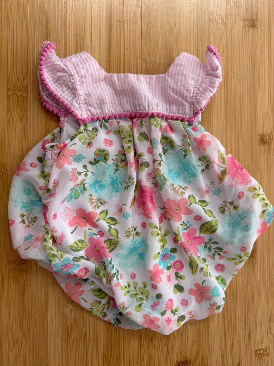 Baby Essentials Bubble Romper – 6 Months | Pink Striped Top | Floral Bottom - Nest and Sprout-Consignment